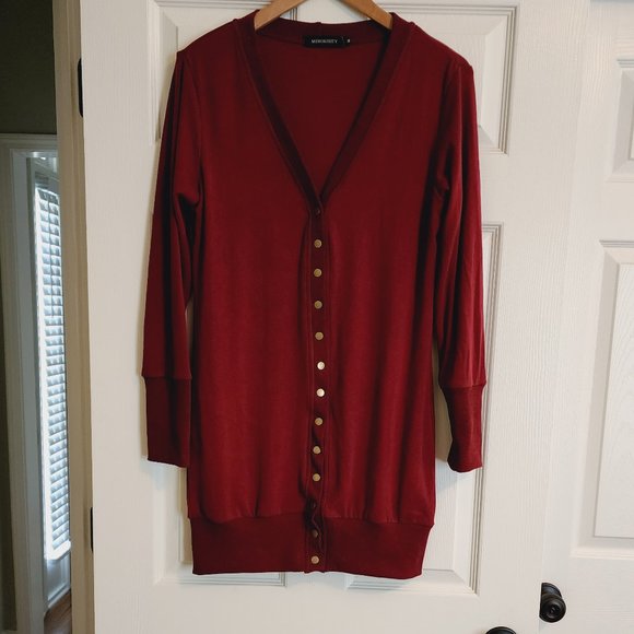 MEROKEETY Burgundy Long Gold Snap Cardigan Sweater Size M - Picture 4 of 12